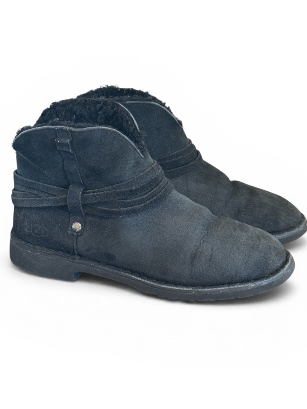 UGG Pasqual black suede Sherpa lined ankle boots with straps and heel size 9.5